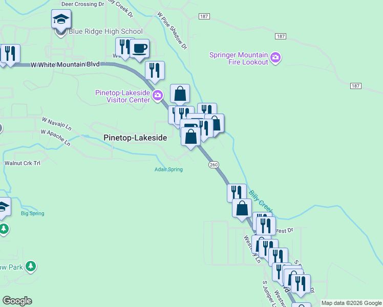 map of restaurants, bars, coffee shops, grocery stores, and more near 103 West Yeager Lane in Pinetop-Lakeside