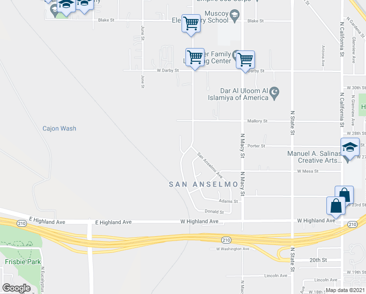 map of restaurants, bars, coffee shops, grocery stores, and more near 2835 San Anselmo Court in San Bernardino
