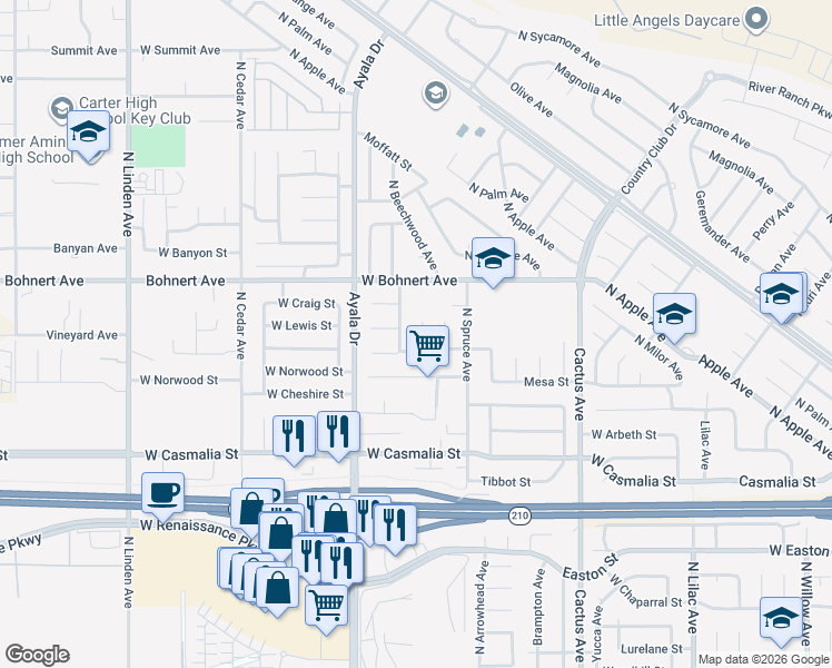 map of restaurants, bars, coffee shops, grocery stores, and more near 2308 North Teakwood Avenue in Rialto
