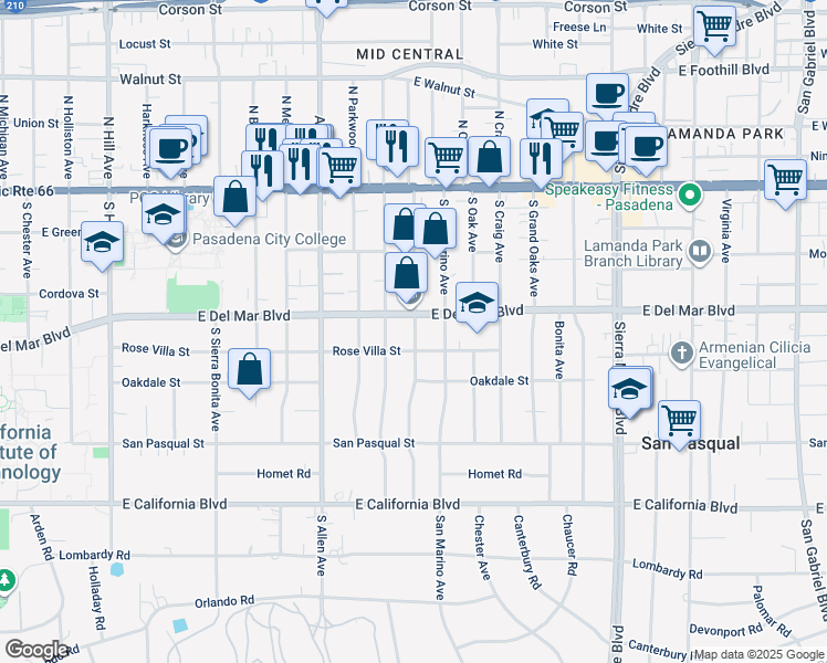 map of restaurants, bars, coffee shops, grocery stores, and more near 2116 Rose Villa Street in Pasadena