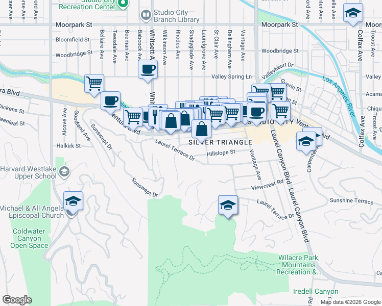 map of restaurants, bars, coffee shops, grocery stores, and more near 12345 Hillslope Street in Los Angeles