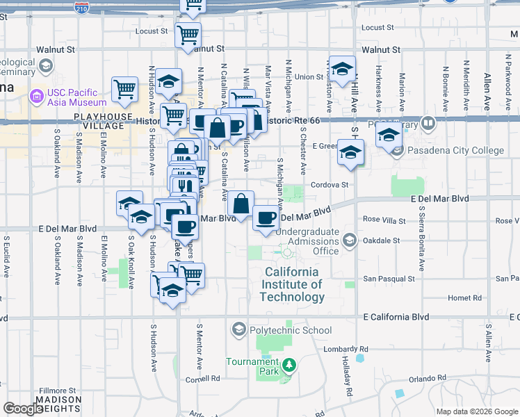 map of restaurants, bars, coffee shops, grocery stores, and more near in Pasadena