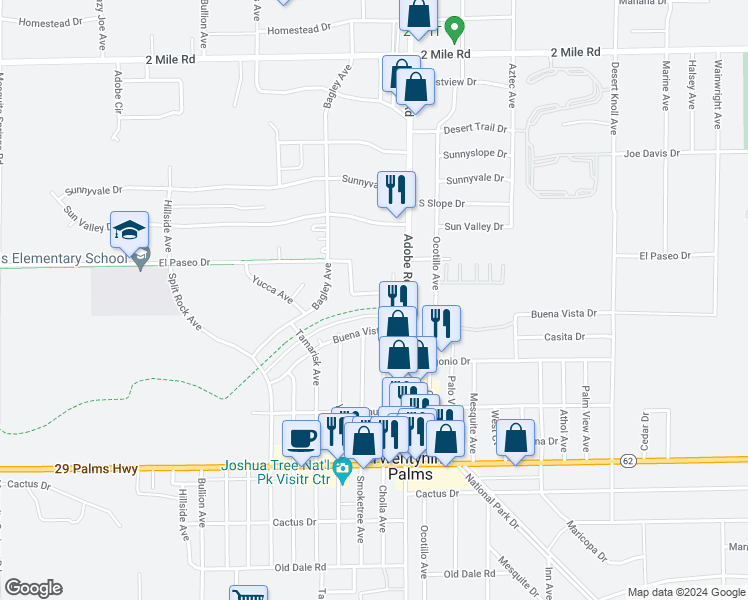 map of restaurants, bars, coffee shops, grocery stores, and more near 73633 Civic Center Drive in Twentynine Palms