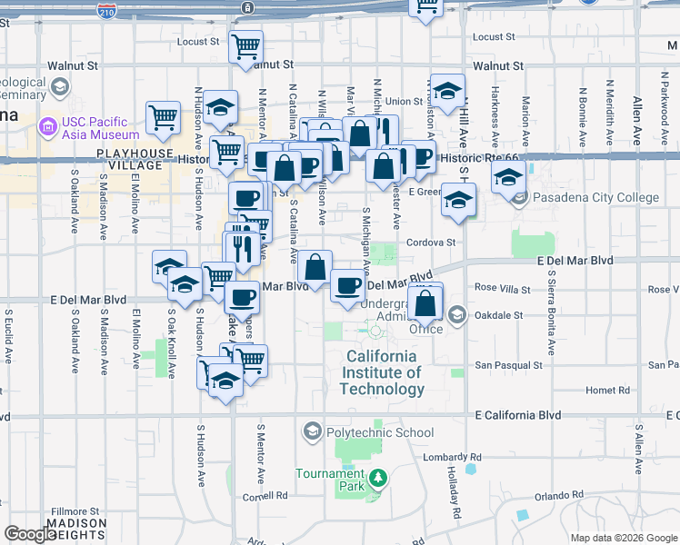 map of restaurants, bars, coffee shops, grocery stores, and more near 1127 East Del Mar Boulevard in Pasadena