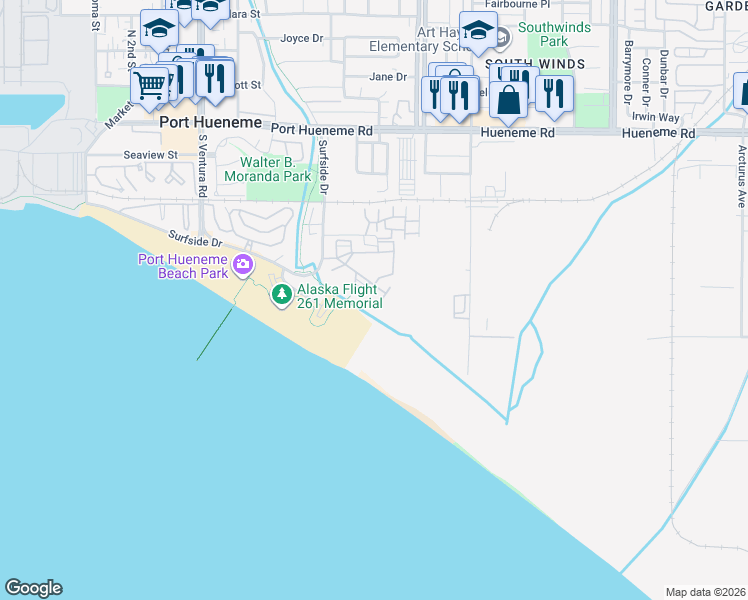 map of restaurants, bars, coffee shops, grocery stores, and more near 751 Reef Circle in Port Hueneme