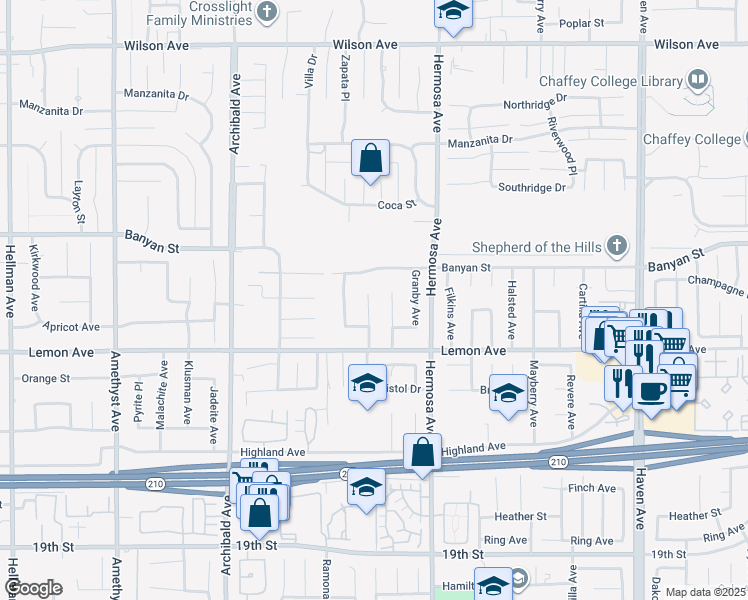 map of restaurants, bars, coffee shops, grocery stores, and more near 6203 Phillips Way in Rancho Cucamonga