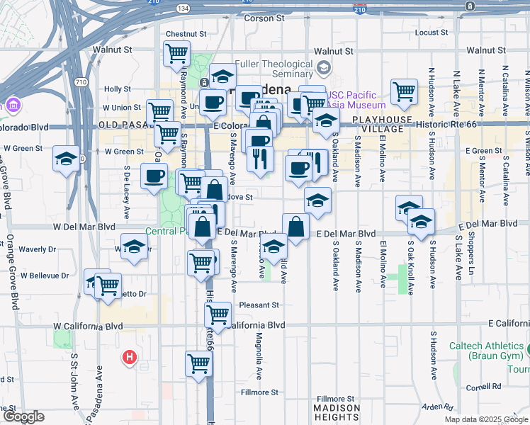map of restaurants, bars, coffee shops, grocery stores, and more near in Pasadena