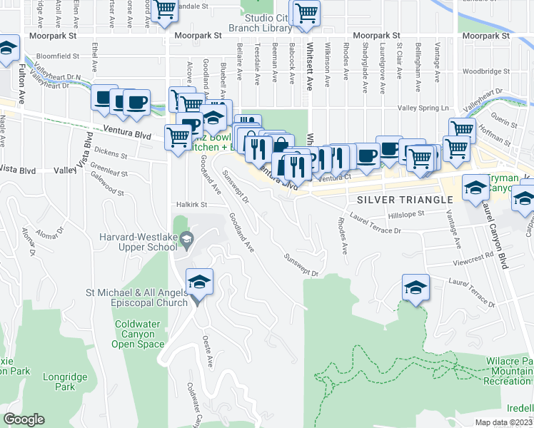 map of restaurants, bars, coffee shops, grocery stores, and more near 3860 Sunswept Drive in Los Angeles