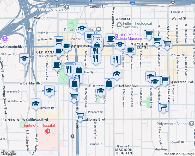 map of restaurants, bars, coffee shops, grocery stores, and more near 330 Cordova Street in Pasadena