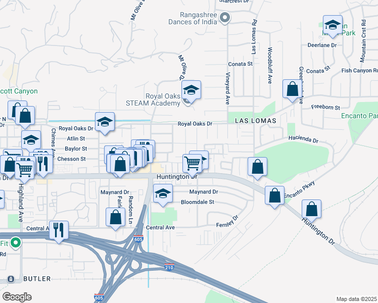 map of restaurants, bars, coffee shops, grocery stores, and more near 916 Edie Drive in Duarte