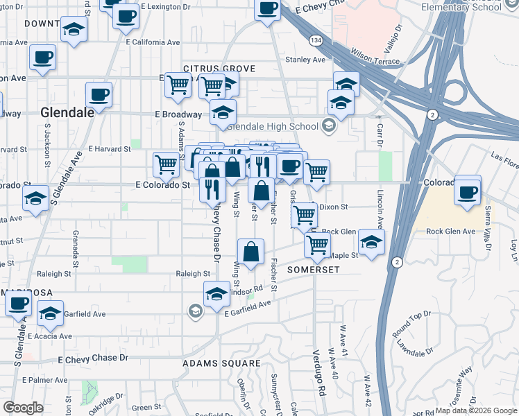 map of restaurants, bars, coffee shops, grocery stores, and more near 404 Porter Street in Glendale