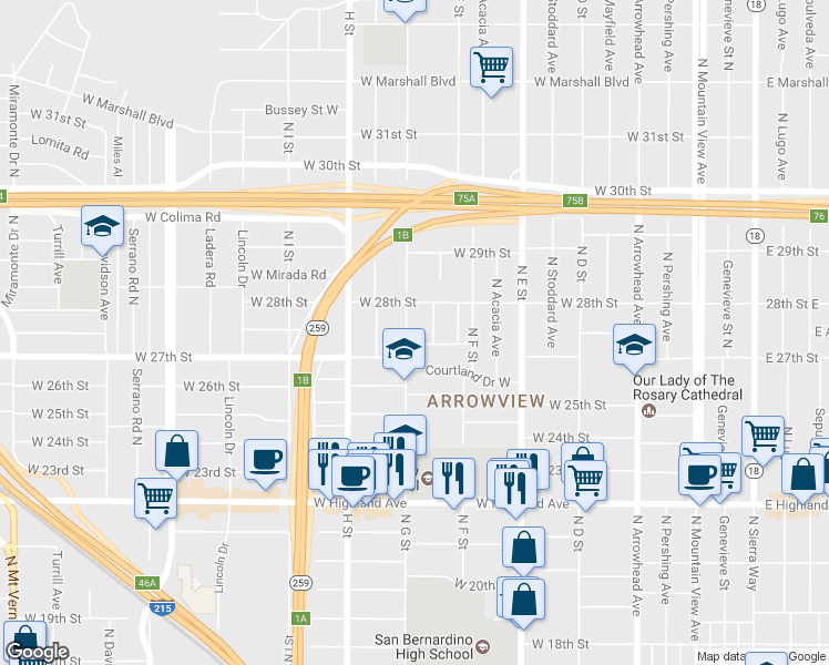 map of restaurants, bars, coffee shops, grocery stores, and more near 2747 N G St in San Bernardino