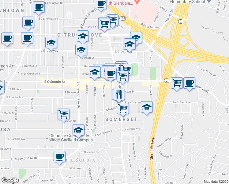 map of restaurants, bars, coffee shops, grocery stores, and more near 406 Griswold Street in Glendale