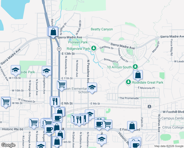 map of restaurants, bars, coffee shops, grocery stores, and more near 1111 North Old Mill Road in Azusa
