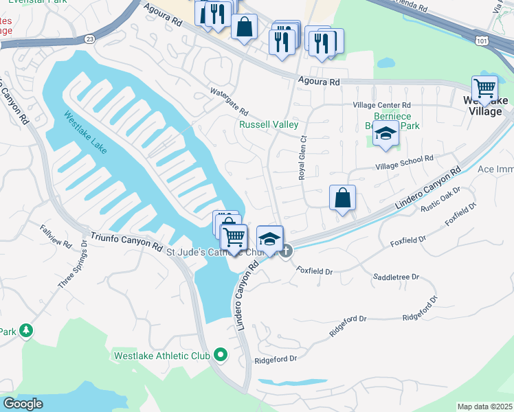 map of restaurants, bars, coffee shops, grocery stores, and more near 32127 Beachlake Lane in Westlake Village