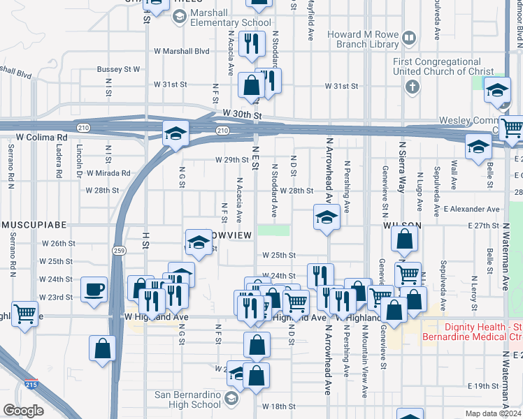 map of restaurants, bars, coffee shops, grocery stores, and more near in San Bernardino