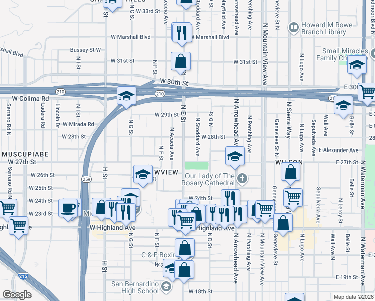 map of restaurants, bars, coffee shops, grocery stores, and more near 2743 North E Street in San Bernardino