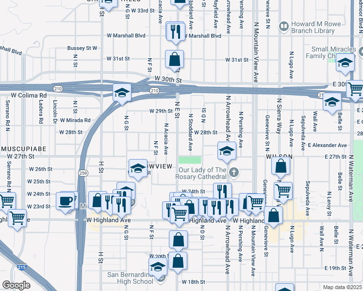 map of restaurants, bars, coffee shops, grocery stores, and more near 2743 North E Street in San Bernardino