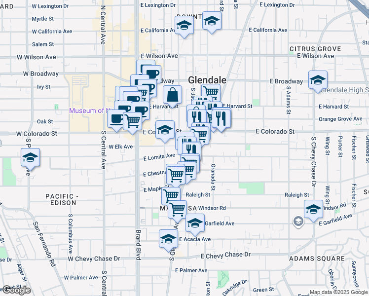 map of restaurants, bars, coffee shops, grocery stores, and more near 408 East Elk Avenue in Glendale