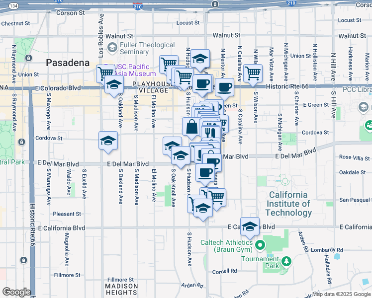 map of restaurants, bars, coffee shops, grocery stores, and more near 257 South Hudson Avenue in Pasadena