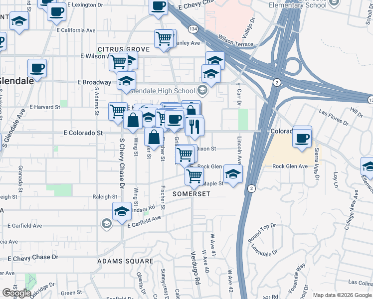 map of restaurants, bars, coffee shops, grocery stores, and more near 407 South Verdugo Road in Glendale