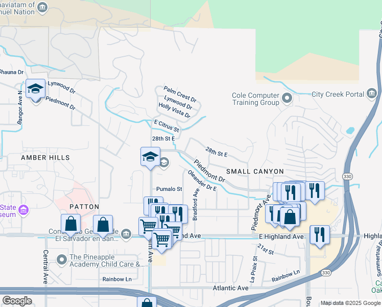 map of restaurants, bars, coffee shops, grocery stores, and more near 3748 Piedmont Drive in Highland