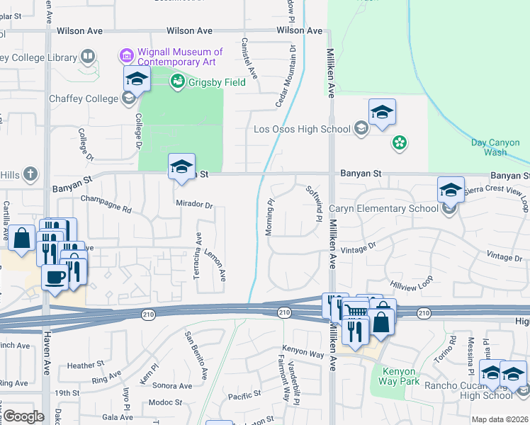 map of restaurants, bars, coffee shops, grocery stores, and more near 6196 Morning Place in Rancho Cucamonga