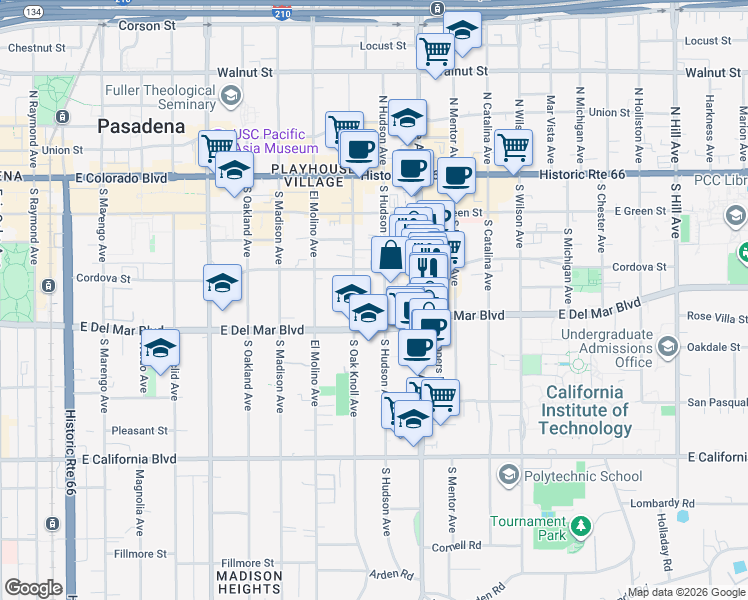 map of restaurants, bars, coffee shops, grocery stores, and more near 257 South Hudson Avenue in Pasadena