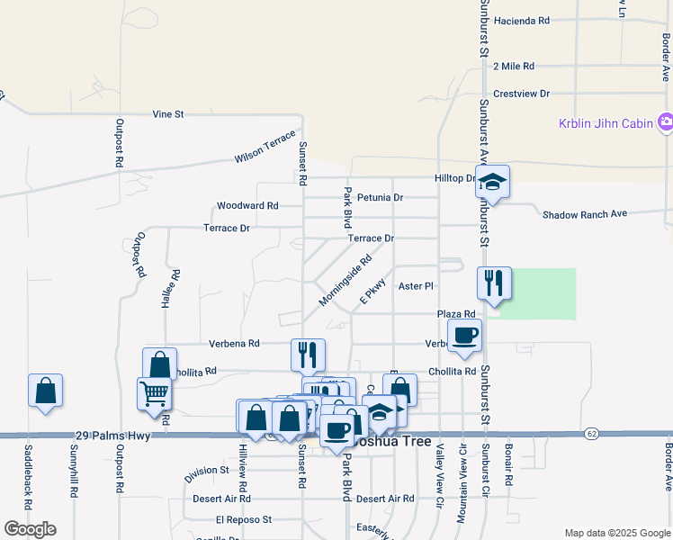 map of restaurants, bars, coffee shops, grocery stores, and more near 6127 Panorama Road in Joshua Tree