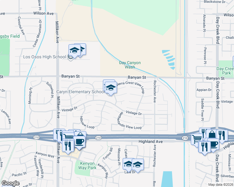 map of restaurants, bars, coffee shops, grocery stores, and more near 11640 Mount Waverly Court in Rancho Cucamonga