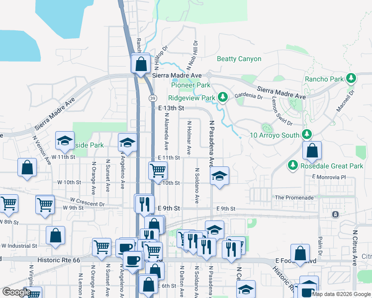 map of restaurants, bars, coffee shops, grocery stores, and more near 1115 North Holmar Avenue in Azusa