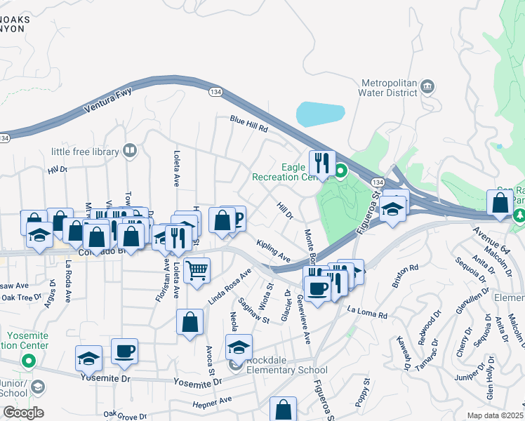 map of restaurants, bars, coffee shops, grocery stores, and more near 1330 Eagle Vista Drive in Los Angeles