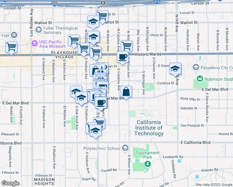 map of restaurants, bars, coffee shops, grocery stores, and more near 249 South Catalina Avenue in Pasadena
