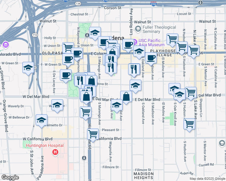 map of restaurants, bars, coffee shops, grocery stores, and more near 250 South Marengo Avenue in Pasadena