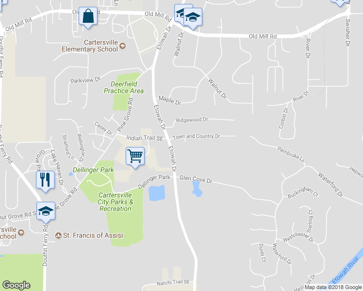 map of restaurants, bars, coffee shops, grocery stores, and more near 3 Debra Circle in Cartersville