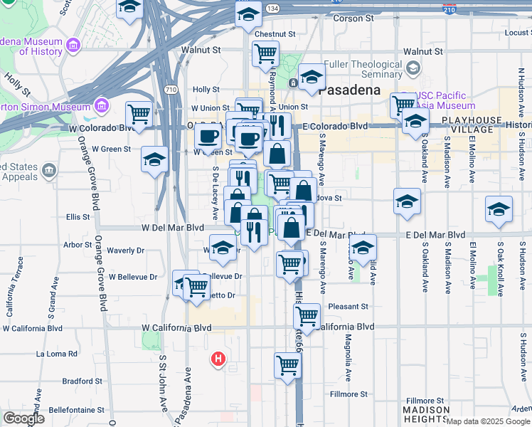 map of restaurants, bars, coffee shops, grocery stores, and more near 275 South Raymond Avenue in Pasadena