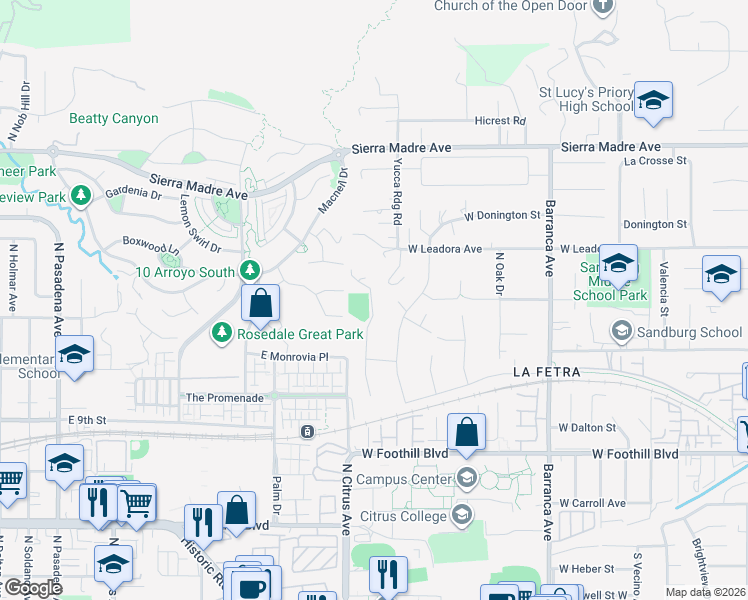 map of restaurants, bars, coffee shops, grocery stores, and more near 356 Meyer Lane in Glendora