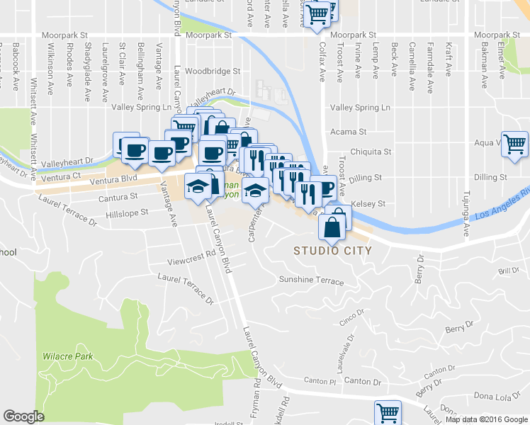 map of restaurants, bars, coffee shops, grocery stores, and more near 11805 Laurelwood Drive in Los Angeles