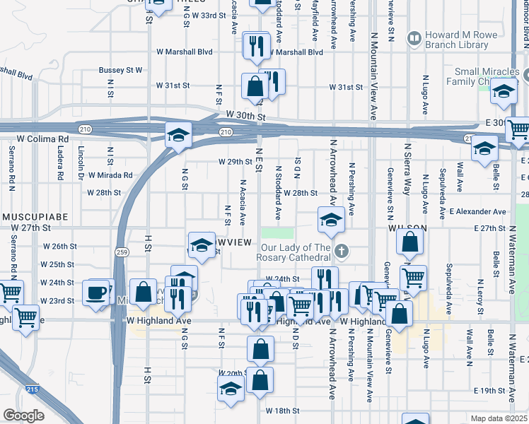 map of restaurants, bars, coffee shops, grocery stores, and more near 2743 North E Street in San Bernardino