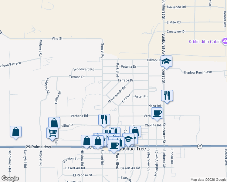 map of restaurants, bars, coffee shops, grocery stores, and more near 6127 Panorama Road in Joshua Tree
