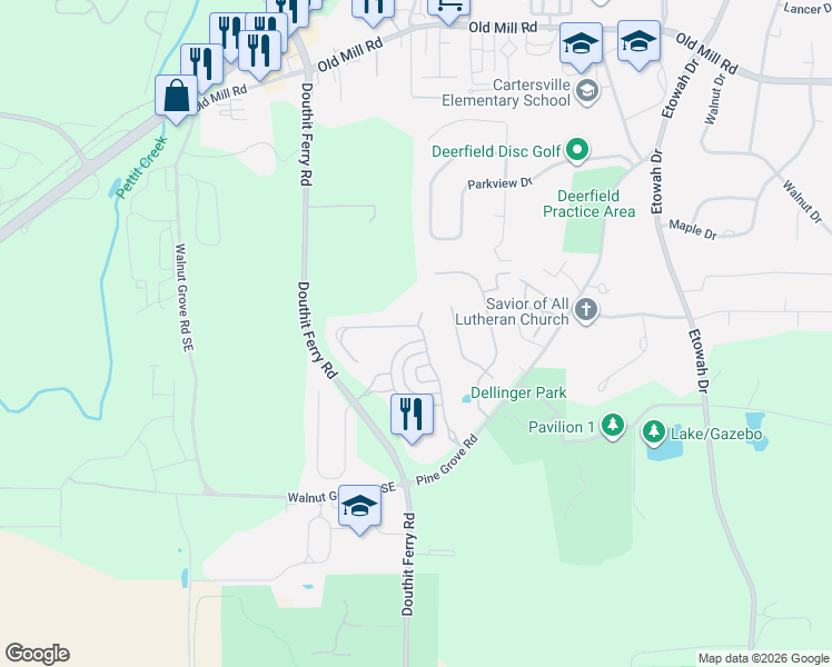map of restaurants, bars, coffee shops, grocery stores, and more near 46 Lake Haven Drive in Cartersville