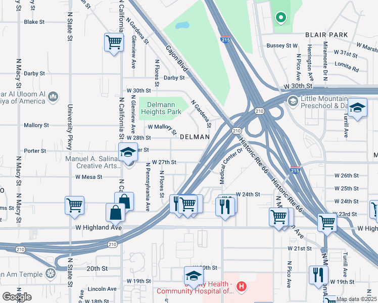 map of restaurants, bars, coffee shops, grocery stores, and more near 1653 Porter Street in San Bernardino