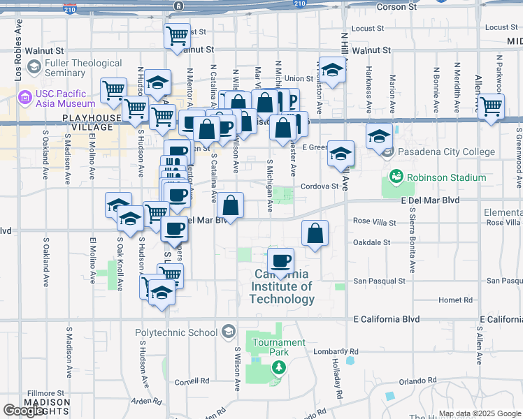 map of restaurants, bars, coffee shops, grocery stores, and more near 1155 East Del Mar Boulevard in Pasadena