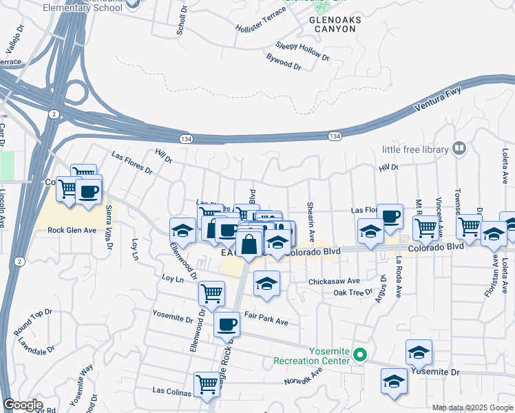 map of restaurants, bars, coffee shops, grocery stores, and more near 5216 North Eagle Rock Boulevard in Los Angeles