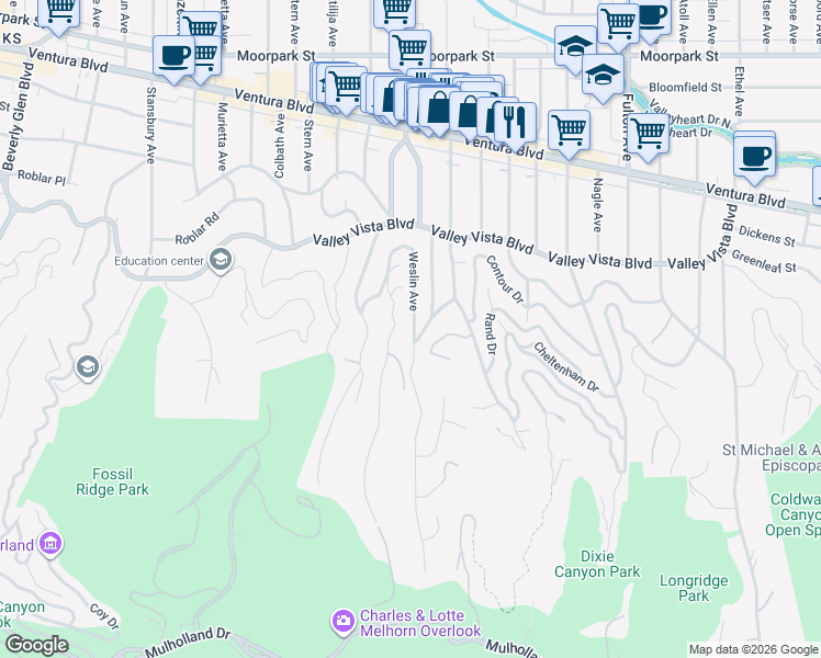 map of restaurants, bars, coffee shops, grocery stores, and more near 3967 Weslin Avenue in Los Angeles