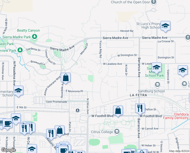 map of restaurants, bars, coffee shops, grocery stores, and more near 356 Meyer Lane in Glendora