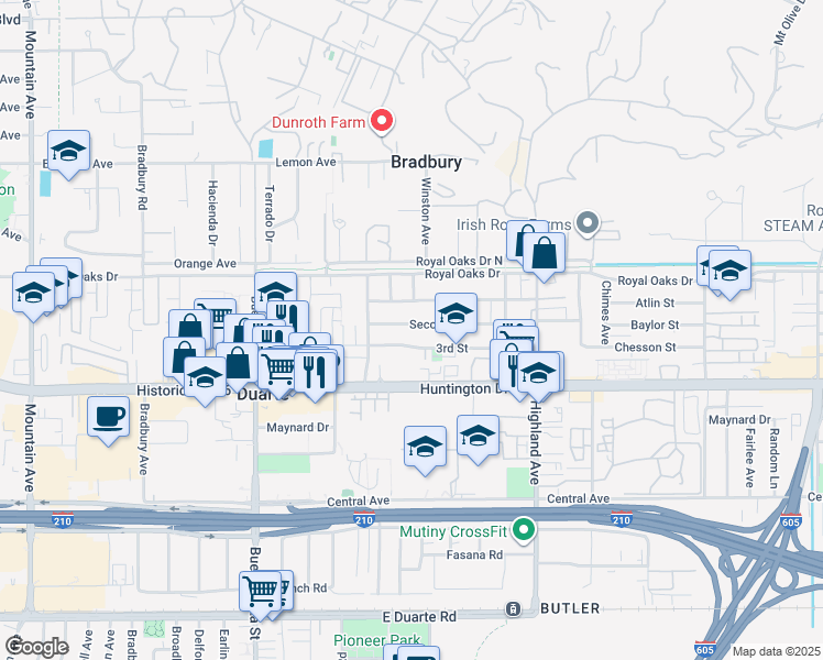 map of restaurants, bars, coffee shops, grocery stores, and more near 1528 Second Street in Duarte