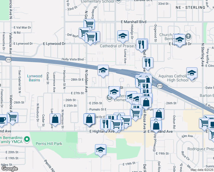 map of restaurants, bars, coffee shops, grocery stores, and more near 1318 East Date Street in San Bernardino