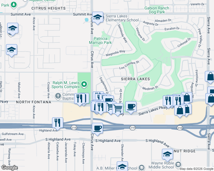 map of restaurants, bars, coffee shops, grocery stores, and more near 6195 Eaglemont Drive in Fontana