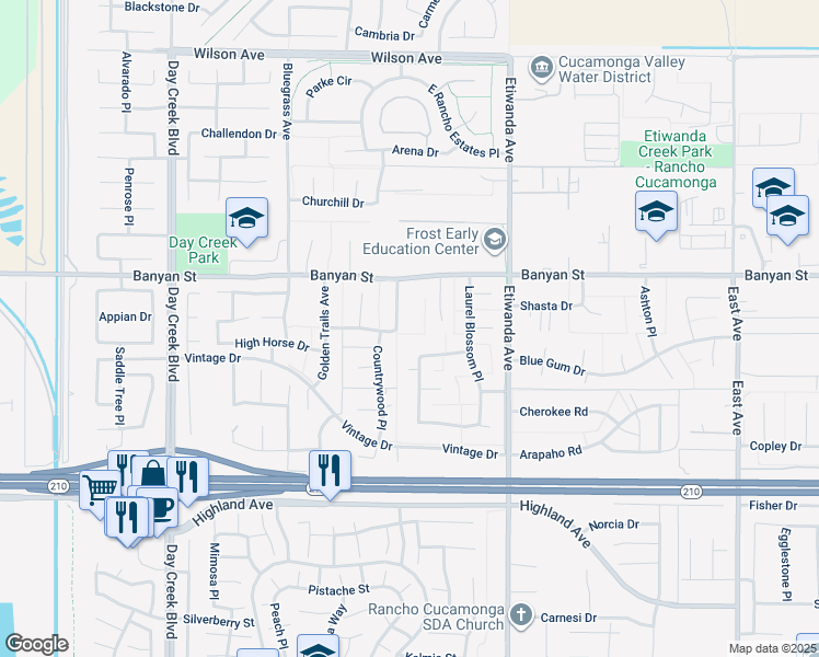 map of restaurants, bars, coffee shops, grocery stores, and more near 6197 Greenwood Place in Rancho Cucamonga